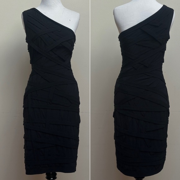 Tadashi Shoji One Shoulder Bodycon Mini Dress Size Small - Black - Picture 1 of 9